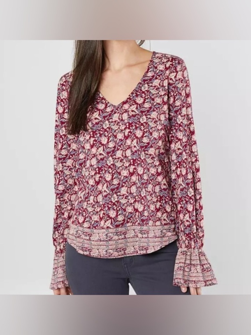 Lucky Brand Burgundy and Pink Floral V-Neck Blouse large